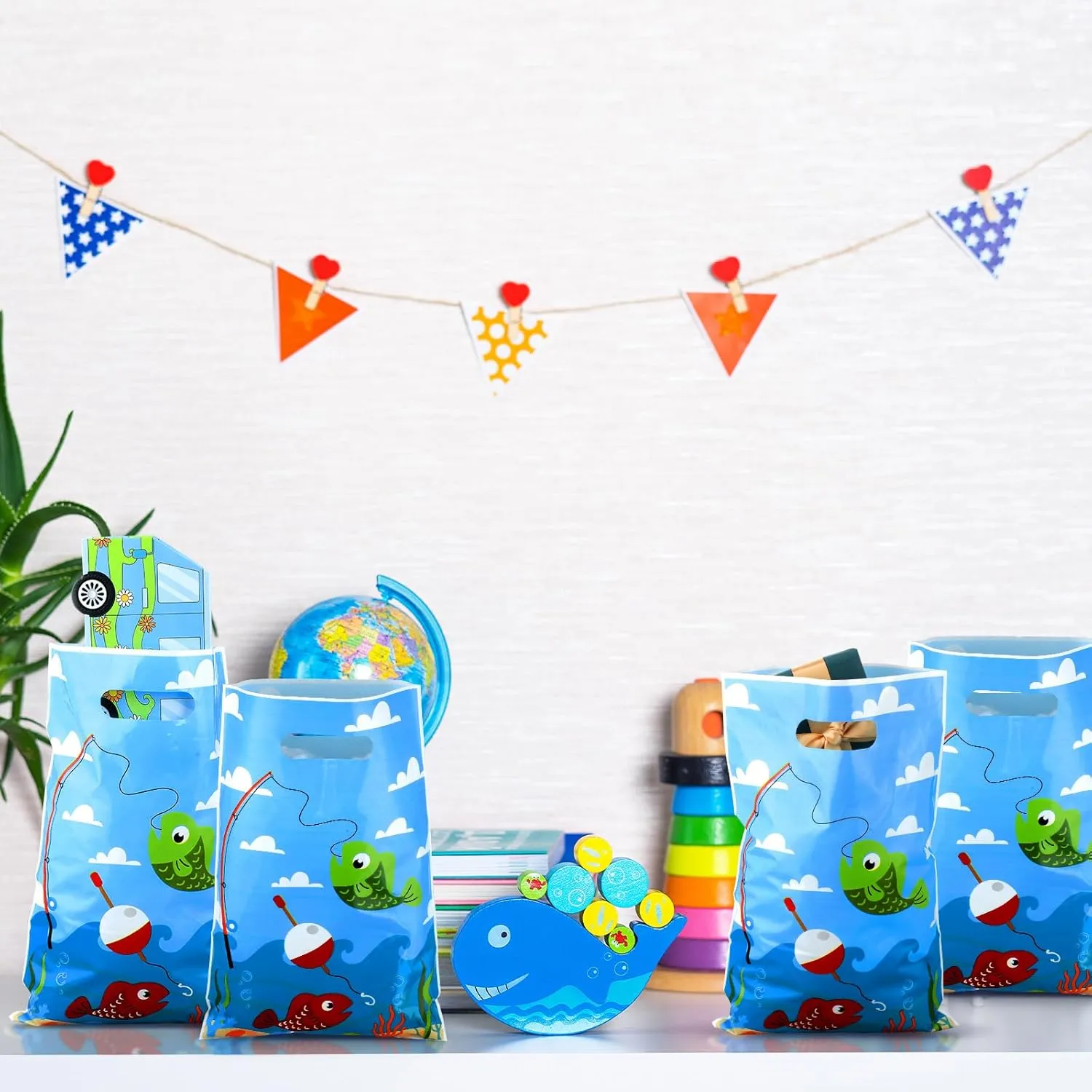 Supervitae 100 Pcs Little Fisherman Party Favors Bags Bulk 8 x 11.8 Inch Plastic Candy Cookies Treat Goody Bags with Handles for Birthday Theme Party Gift Decoration Favor Supplies