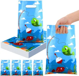 Supervitae 100 Pcs Little Fisherman Party Favors Bags Bulk 8 x 11.8 Inch Plastic Candy Cookies Treat Goody Bags with Handles for Birthday Theme Party Gift Decoration Favor Supplies