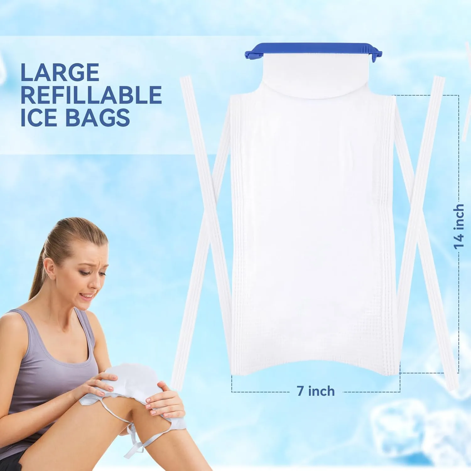 Syhood Disposable Large Ice Packs for Injuries 7 x 14 Inch Reusable Refillable Ice Bags with Clamp Closure with Soft Outer Covering and Leak Resistant Inner Layer for Pain Relief(6 Pcs)