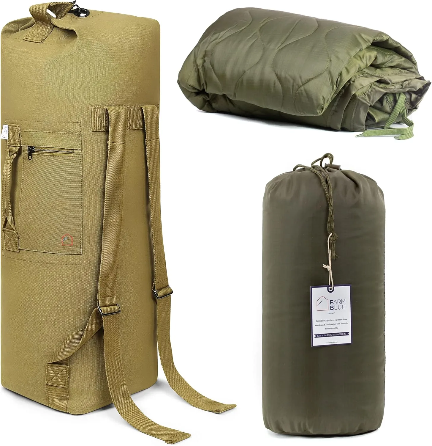 Tactical Duffle Bag and Military Blanket Olive Drab Green Bundle Set of 2 by Farm Blue