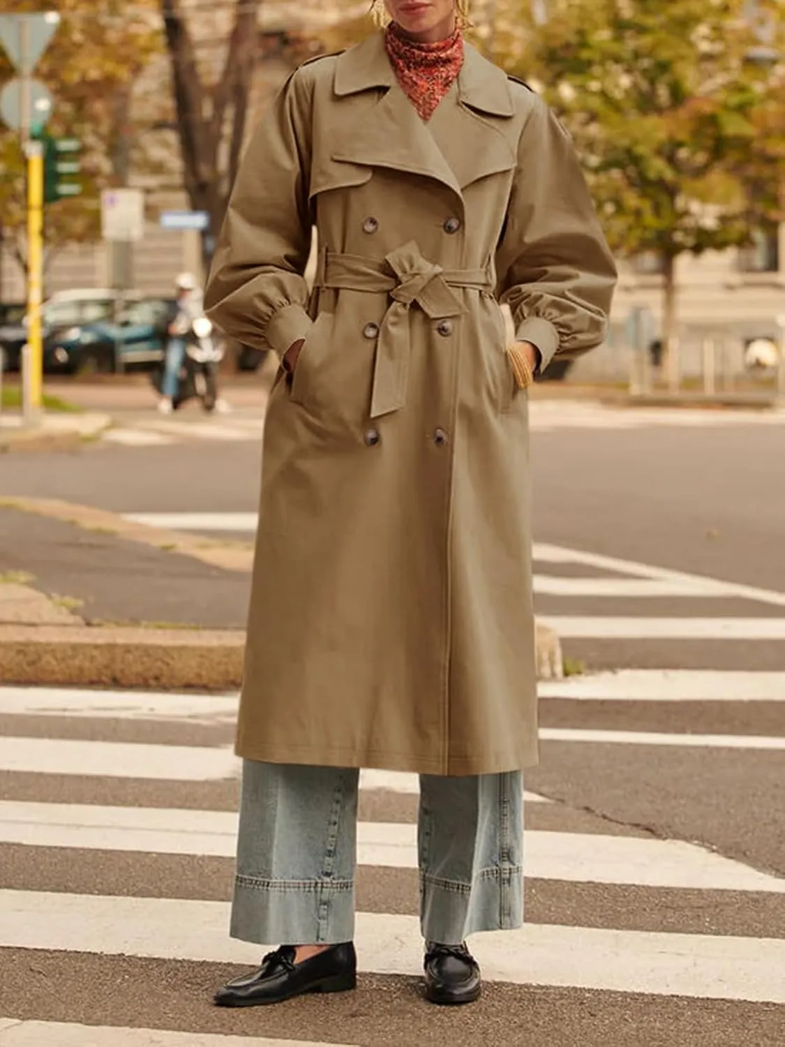 Tankaneo Womens Long Trench Coat Fall Fashion Oversized Double Breasted Lapel Overcoat Outerwear with Belt