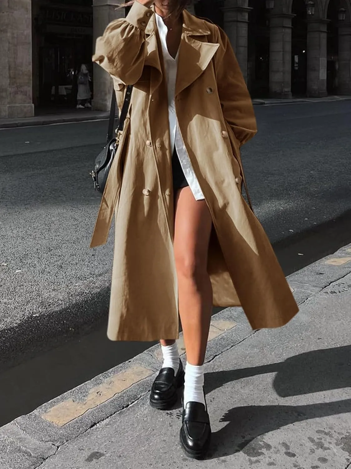 Tankaneo Womens Long Trench Coat Fall Fashion Oversized Double Breasted Lapel Overcoat Outerwear with Belt