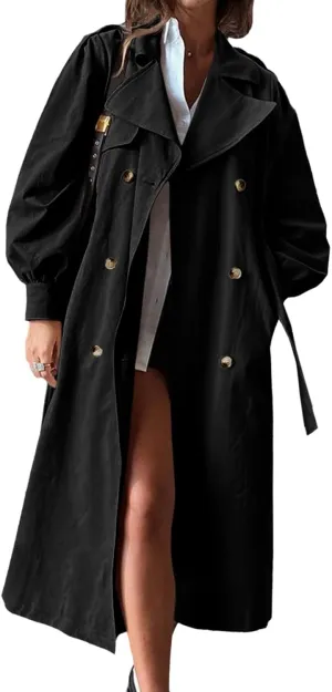 Tankaneo Womens Long Trench Coat Fall Fashion Oversized Double Breasted Lapel Overcoat Outerwear with Belt