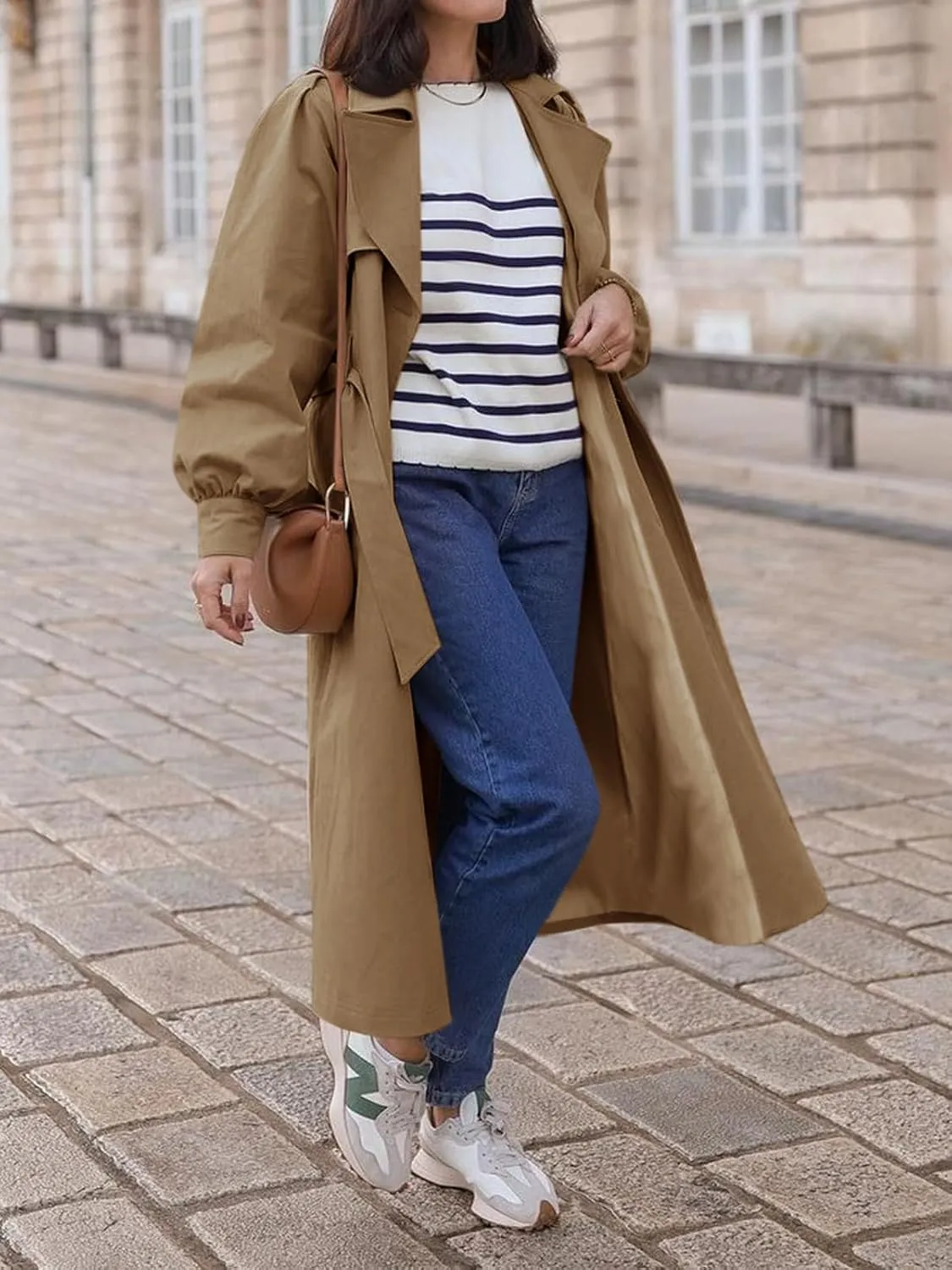 Tankaneo Womens Long Trench Coat Fall Fashion Oversized Double Breasted Lapel Overcoat Outerwear with Belt
