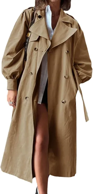 Tankaneo Womens Long Trench Coat Fall Fashion Oversized Double Breasted Lapel Overcoat Outerwear with Belt
