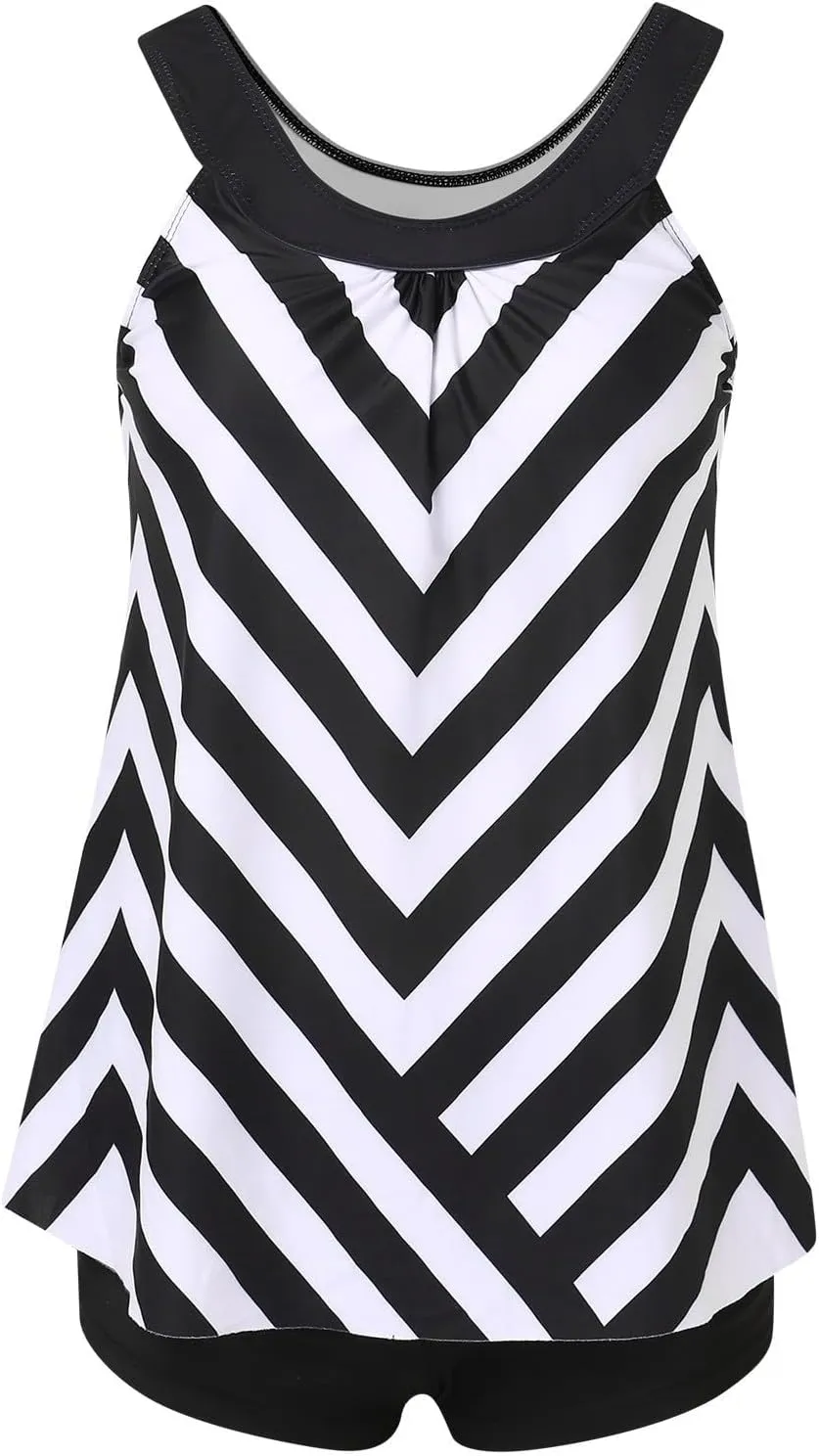 Tankini Swimsuits for Women Two Piece Bathing Suits Trendy Tank Top with Shorts Tummy Control Beach Modest Swimsuits