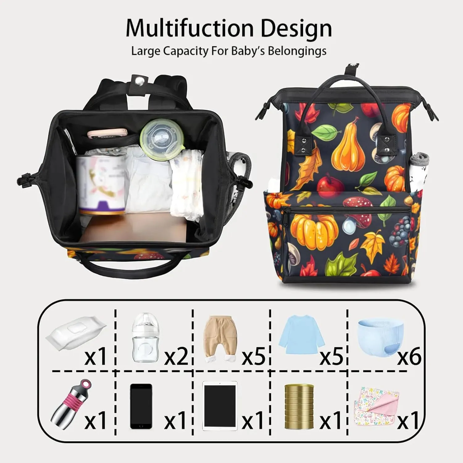 Tavisto Autumn Harvest Double Shoulder Mommy Bag for Women, Polyester Large Capacity Diaper Backpack with Multi Pockets, Waterproof Adjustable Straps Diaper Bag for Moms Dads, 11''×7''×15.7''