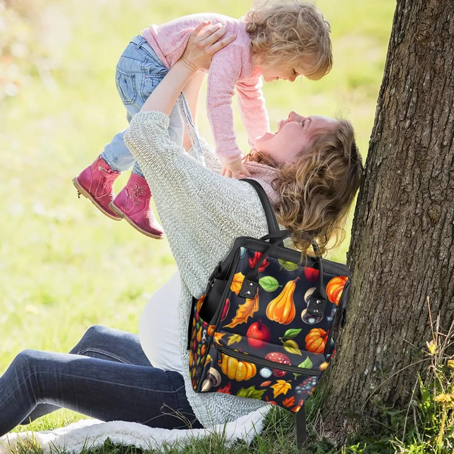 Tavisto Autumn Harvest Double Shoulder Mommy Bag for Women, Polyester Large Capacity Diaper Backpack with Multi Pockets, Waterproof Adjustable Straps Diaper Bag for Moms Dads, 11''×7''×15.7''