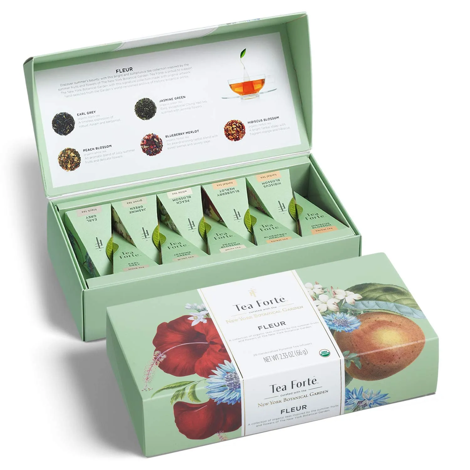 Tea Forte Fleur Petite Presentation Box Mother's Day Tea Gift Set Sampler, 10 Count, 2 of Each Variety Individually Wrapped Handcrafted Pyramid Infuser Bags