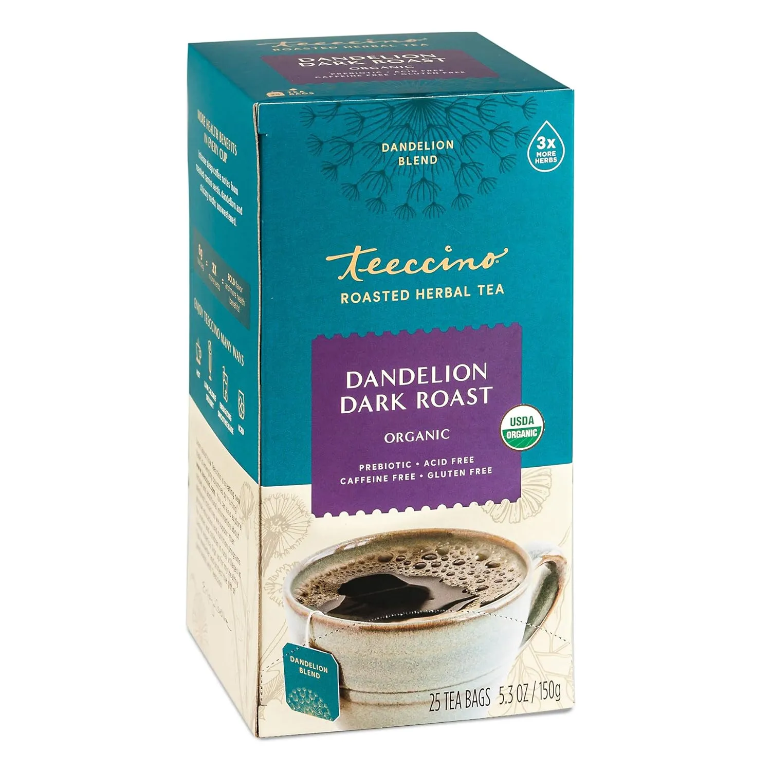 Teeccino Dandelion Herbal Tea - Dark Roast - 25 Tea Bags - Caffeine Free, Prebiotic, Gluten Free, 3x More Herbs
