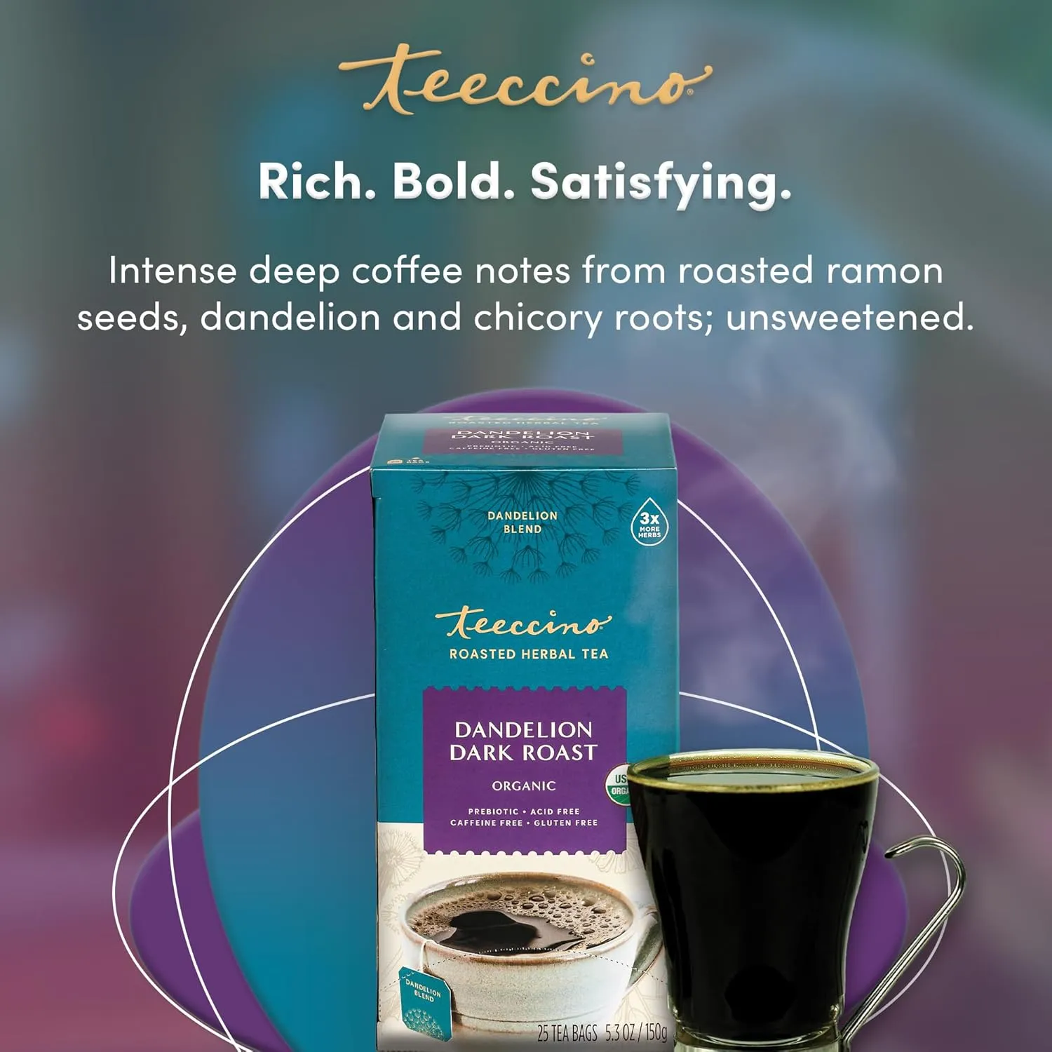Teeccino Dandelion Herbal Tea - Dark Roast - 25 Tea Bags - Caffeine Free, Prebiotic, Gluten Free, 3x More Herbs