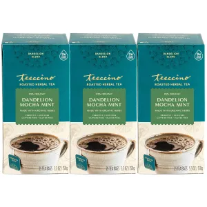 Teeccino Dandelion Mocha Mint Tea - Caffeine Free, Roasted Herbal Tea with Prebiotics, 3x More Herbs than Regular Tea Bags, Gluten Free - 25 Tea Bags (Pack of 3)