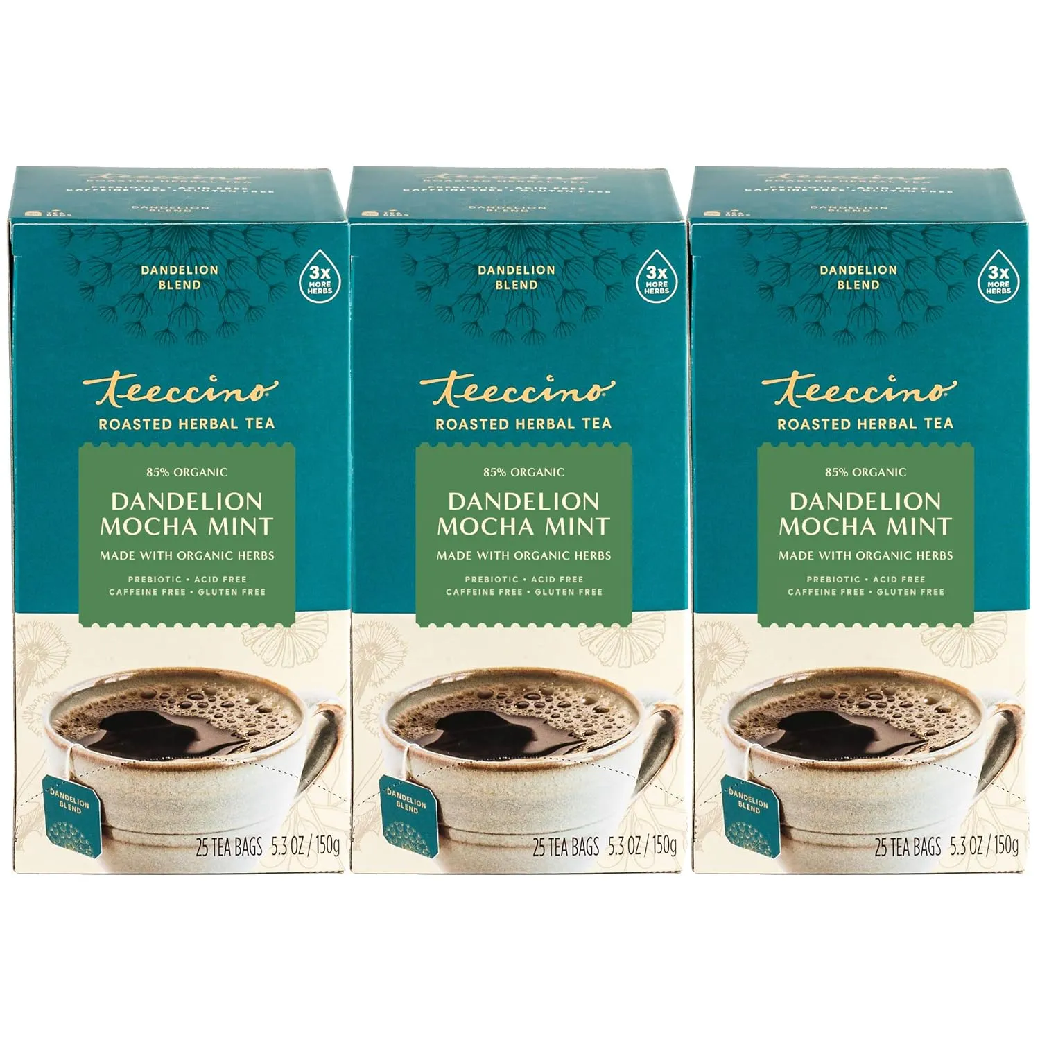 Teeccino Dandelion Mocha Mint Tea - Caffeine Free, Roasted Herbal Tea with Prebiotics, 3x More Herbs than Regular Tea Bags, Gluten Free - 25 Tea Bags (Pack of 3)