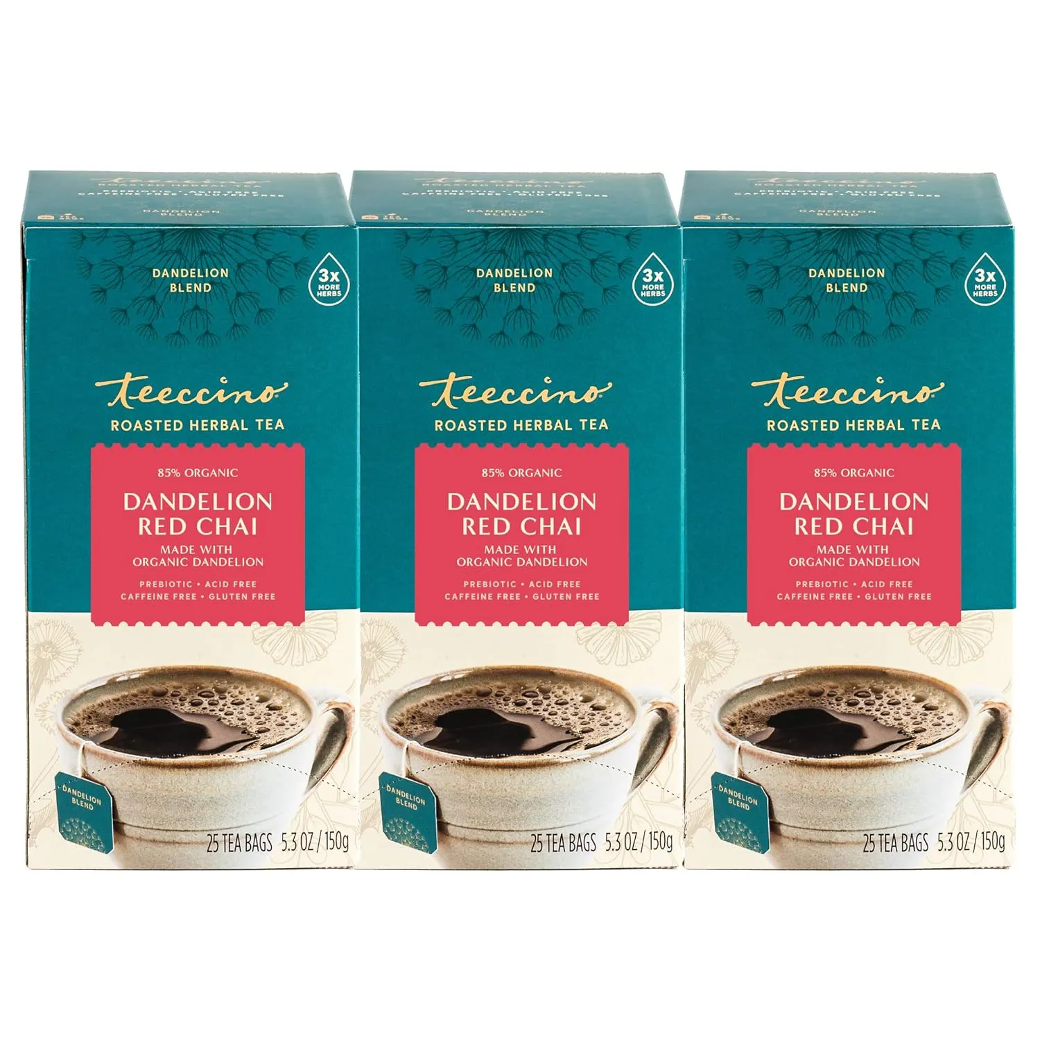 Teeccino Dandelion Red Chai Tea - Caffeine-Free, Roasted Herbal Tea with Prebiotics, 3x More Herbs than Regular Tea Bags, Gluten Free - 25 Tea Bags (Pack of 3)