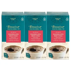 Teeccino Dandelion Red Chai Tea - Caffeine-Free, Roasted Herbal Tea with Prebiotics, 3x More Herbs than Regular Tea Bags, Gluten Free - 25 Tea Bags (Pack of 3)