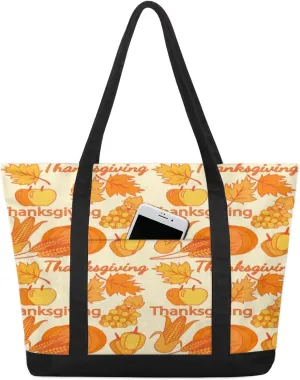 Thanksgiving Autumn Harvest Patterns Tote Bag Tote Bag for Women Reusable Grocery Shopping Cloth Bags with Zipper Large Capacity Foldable Handbag Gym Bag for Gift Activity