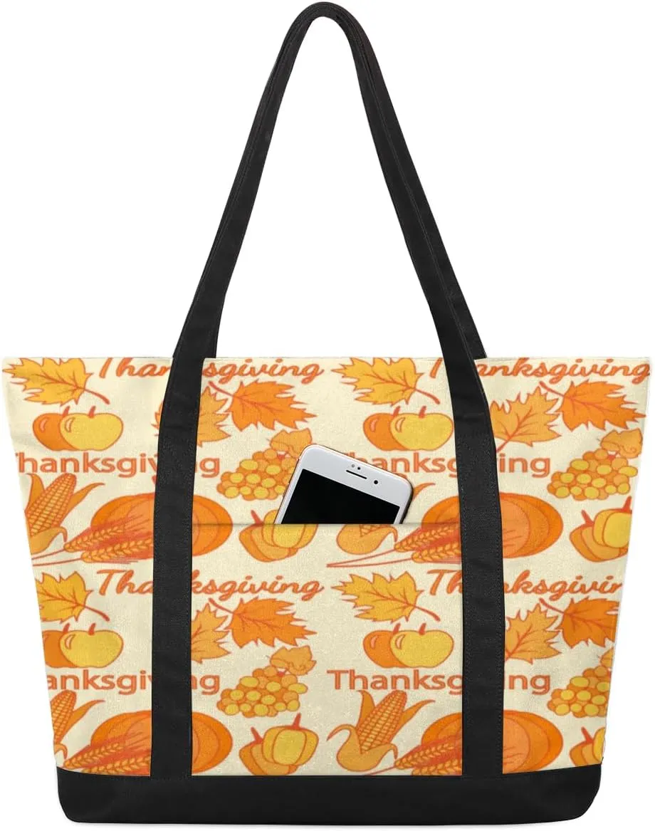 Thanksgiving Autumn Harvest Patterns Tote Bag Tote Bag for Women Reusable Grocery Shopping Cloth Bags with Zipper Large Capacity Foldable Handbag Gym Bag for Gift Activity