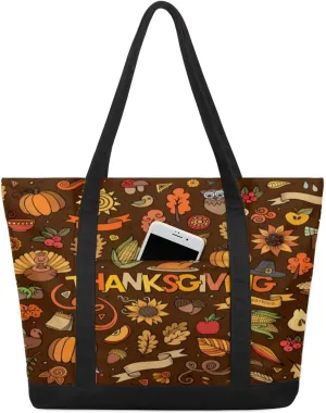 Thanksgiving Happy Fall Harvest Theme Tote Bag Tote Bag for Women Reusable Grocery Shopping Cloth Bags with Zipper Large Capacity Foldable Handbag Gym Bag for Gift Activity