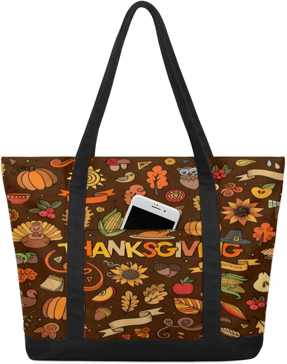 Thanksgiving Happy Fall Harvest Theme Tote Bag Tote Bag for Women Reusable Grocery Shopping Cloth Bags with Zipper Large Capacity Foldable Handbag Gym Bag for Gift Activity