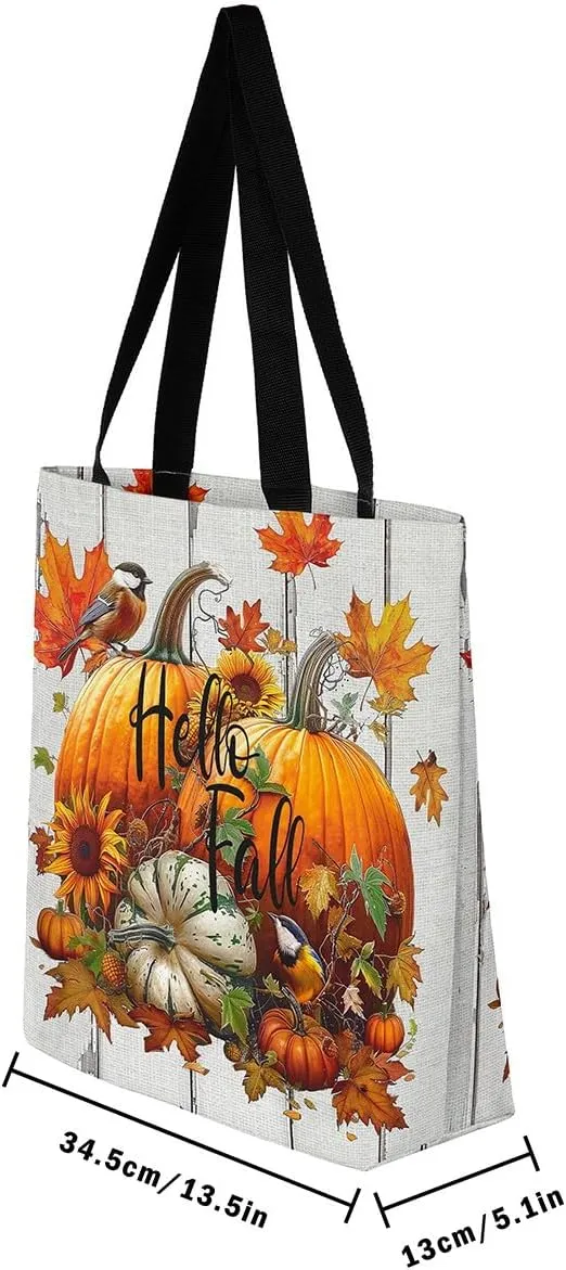 Thanksgiving Pumpkin Canvas Tote Bag,Maple Leaf Duffle Bag,Fall Leaves Handbag Farmhouse Autumn Harvest Fall Decor