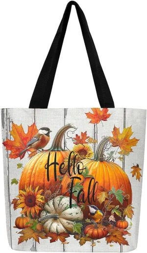 Thanksgiving Pumpkin Canvas Tote Bag,Maple Leaf Duffle Bag,Fall Leaves Handbag Farmhouse Autumn Harvest Fall Decor