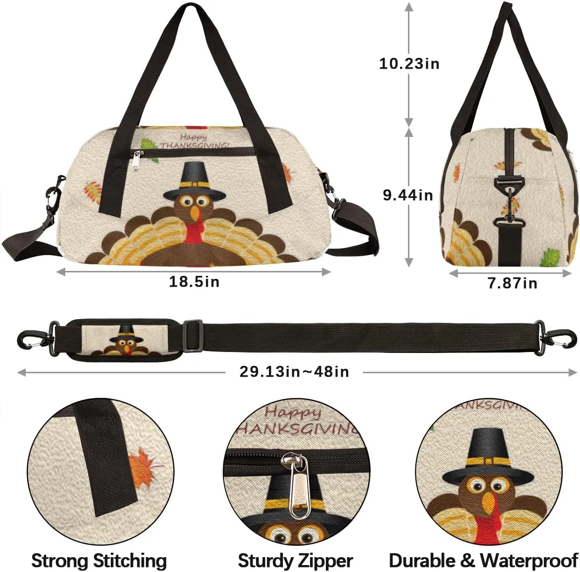 Thanksgiving Turkey Fall Leaves Kids Duffel Bag for Girls Boys Teens, Turkey Oil Painting Dance Bag Overnight Small Duffel Bag Carry On Weekend Sports Gym Travel Bag for School Practice Gymnastics Ballet