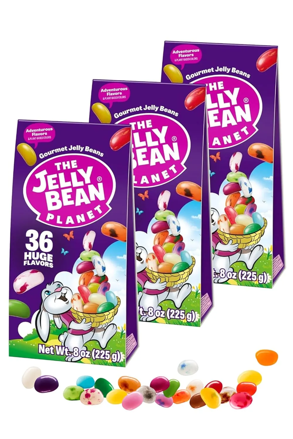 The Jelly Bean Planet Easter Jelly Beans, Pack of 3 (3x8oz) – Gourmet Jellybeans with 36 Huge Natural Fruit Flavors, Gluten Free, Fun Easter Candy Gift in Bunny Design boxes for Baskets & Gifting