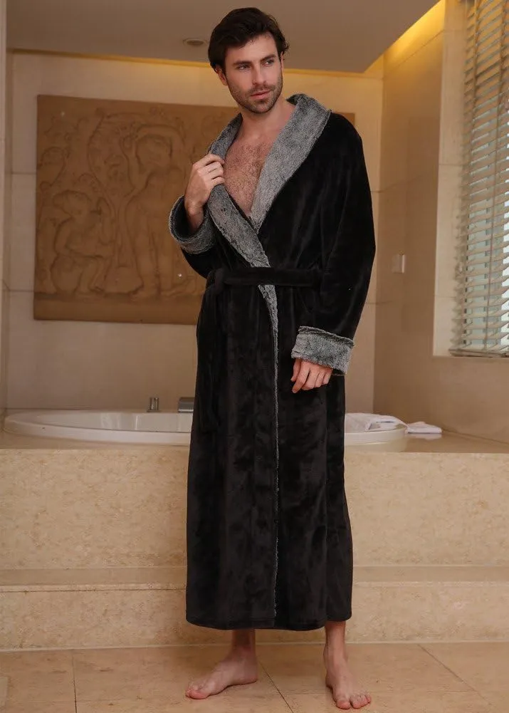 Thicker Long Flannel Sleepwear for Women and Man Imitation Fur Collar Bathrobes Warm Couple Pajamas