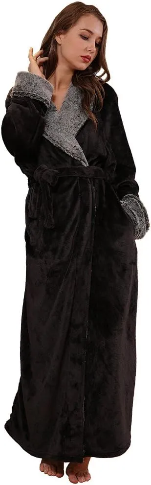 Thicker Long Flannel Sleepwear for Women and Man Imitation Fur Collar Bathrobes Warm Couple Pajamas