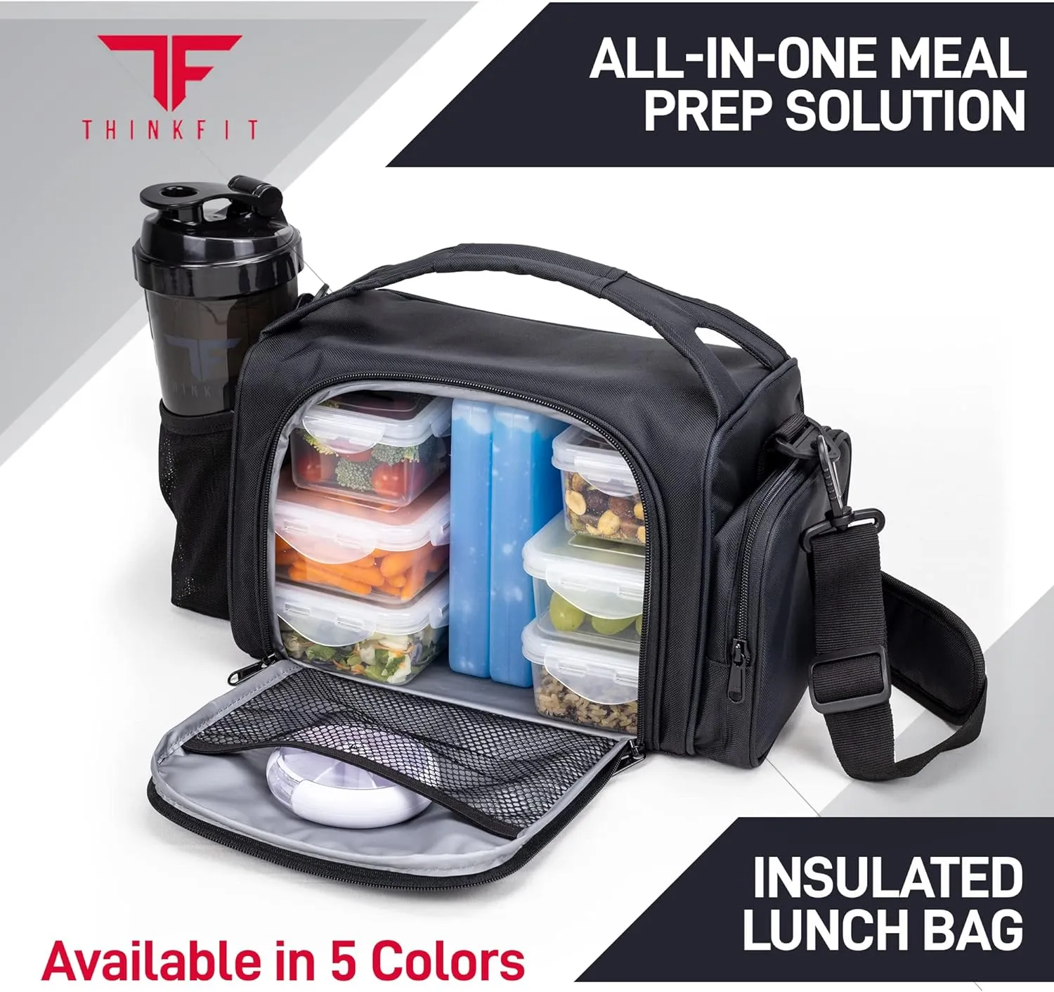 ThinkFit Insulated Meal Prep Lunch Box with 6 BPA-Free, Reusable, Microwavable, Freezer Safe Food Portion-Control Containers, Shaker Cup, Pill Organizer, Lunch Bag with Storage Pocket - (Black)