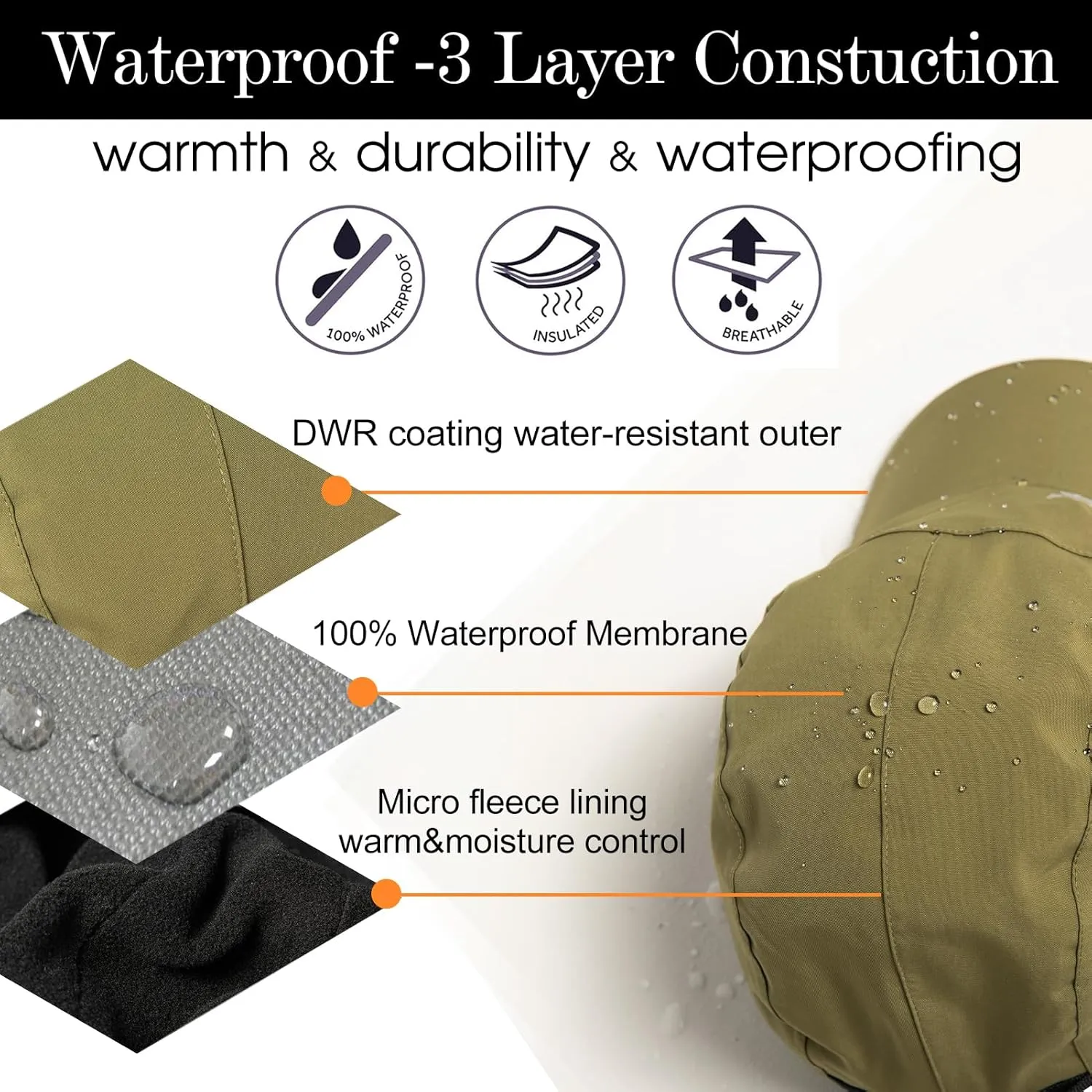 TOP-EX Oversize XL XXL Men's Waterproof Winter Baseball Cap Fleece Earflap Trapper Hat for Cold Weather Large Heads