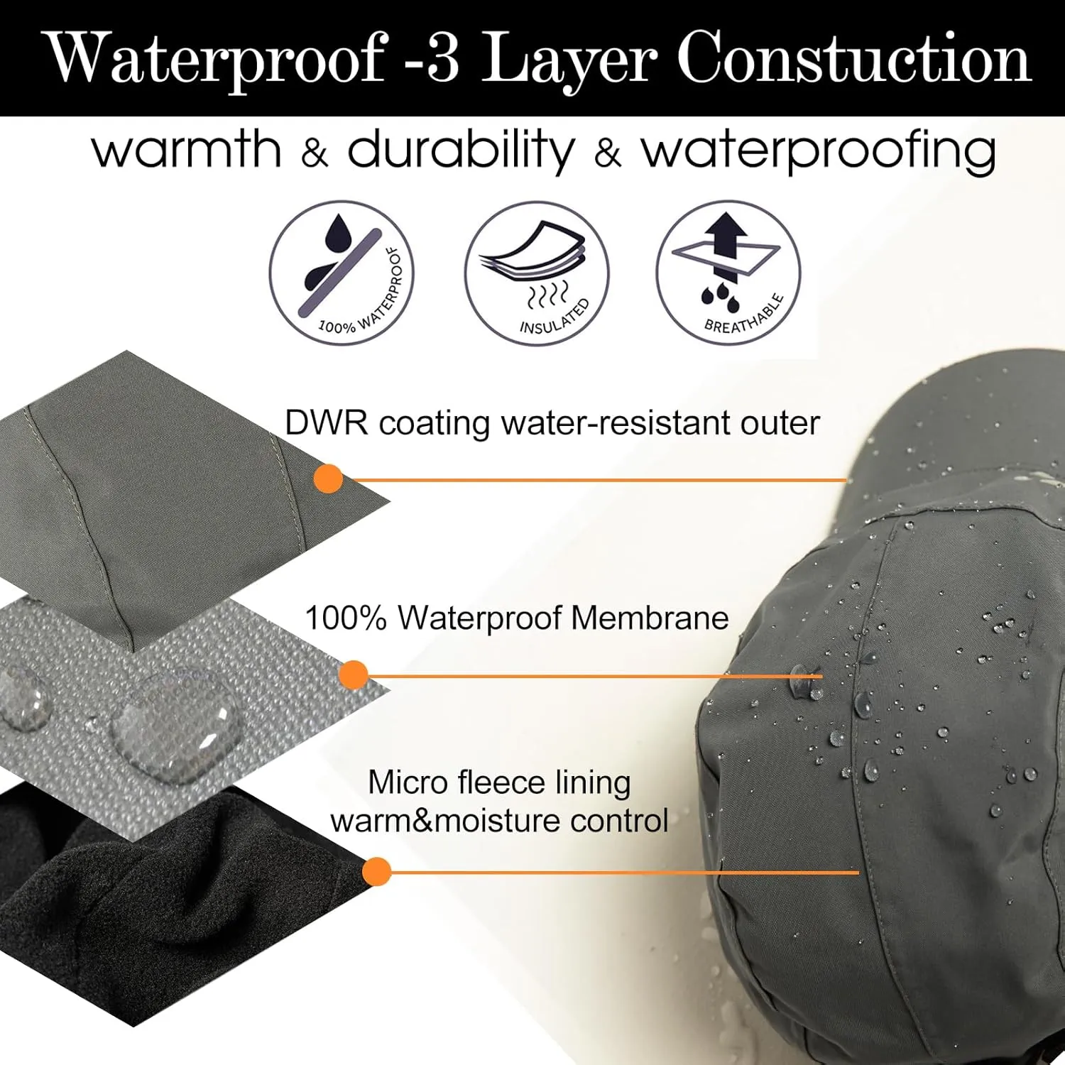 TOP-EX Oversize XL XXL Men's Waterproof Winter Baseball Cap Fleece Earflap Trapper Hat for Cold Weather Large Heads