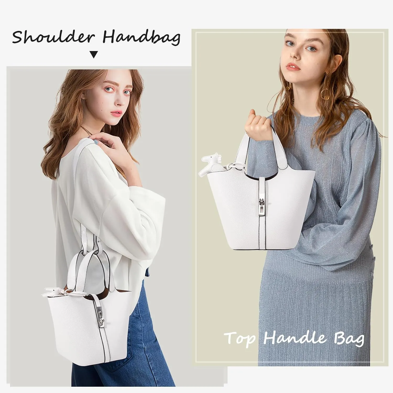 Top Handle Bag for Women Vegan Leather Bucket Bag for Women Shoulder Purse Satchel with Detachable Small Purse