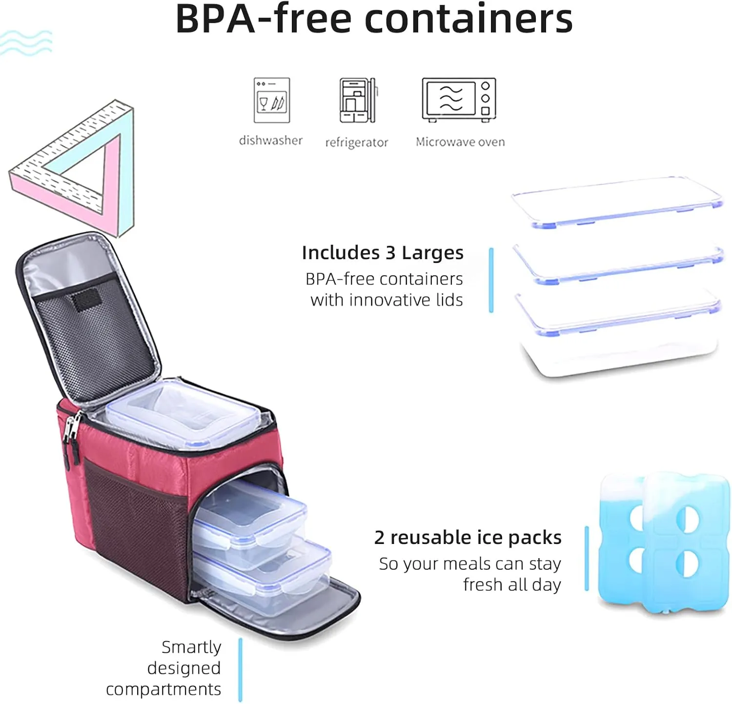 TOP&TOP Insulated Lunch Box and Cooler Bag for Women, Men - 13"L x 7"W x 9"H, 3 Reusable Meal Prep Containers, 2 Ice Packs, Detachable Shoulder Strap, Leakproof and Easy to Clean
