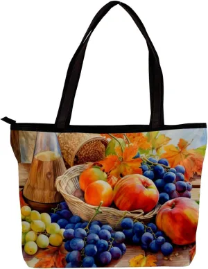 Tote Bags for Women,Womens Handbags,Small Tote Bag,Autumn Harvest Grapes Pumpkin