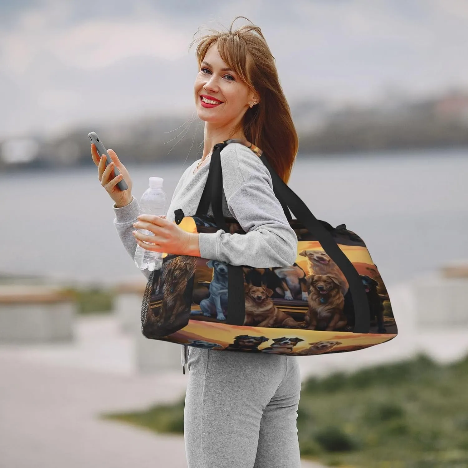 Travel Duffel Bag For Men Women, Cute Animal Dogs Sunset Carry On Sport Gym Bag With Shoulder Strap Lightweight Waterproof Weekender Bag Overnight Bag