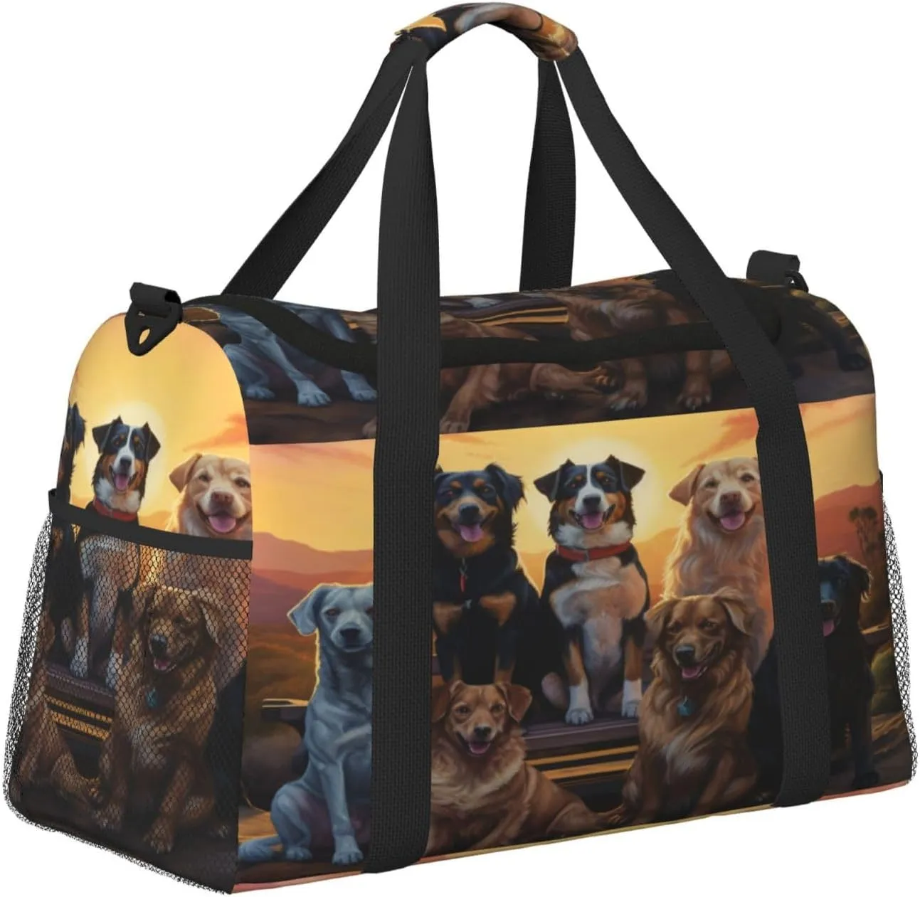 Travel Duffel Bag For Men Women, Cute Animal Dogs Sunset Carry On Sport Gym Bag With Shoulder Strap Lightweight Waterproof Weekender Bag Overnight Bag