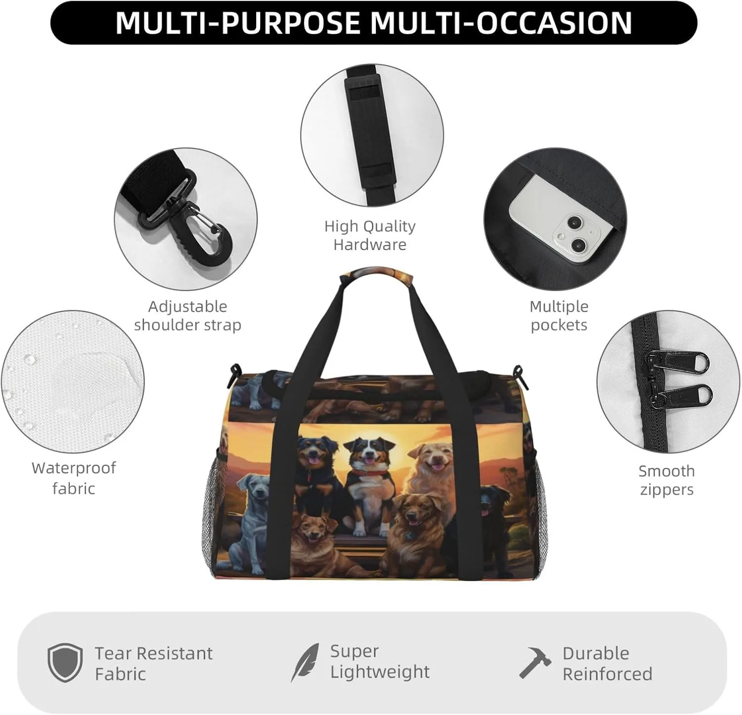 Travel Duffel Bag For Men Women, Cute Animal Dogs Sunset Carry On Sport Gym Bag With Shoulder Strap Lightweight Waterproof Weekender Bag Overnight Bag