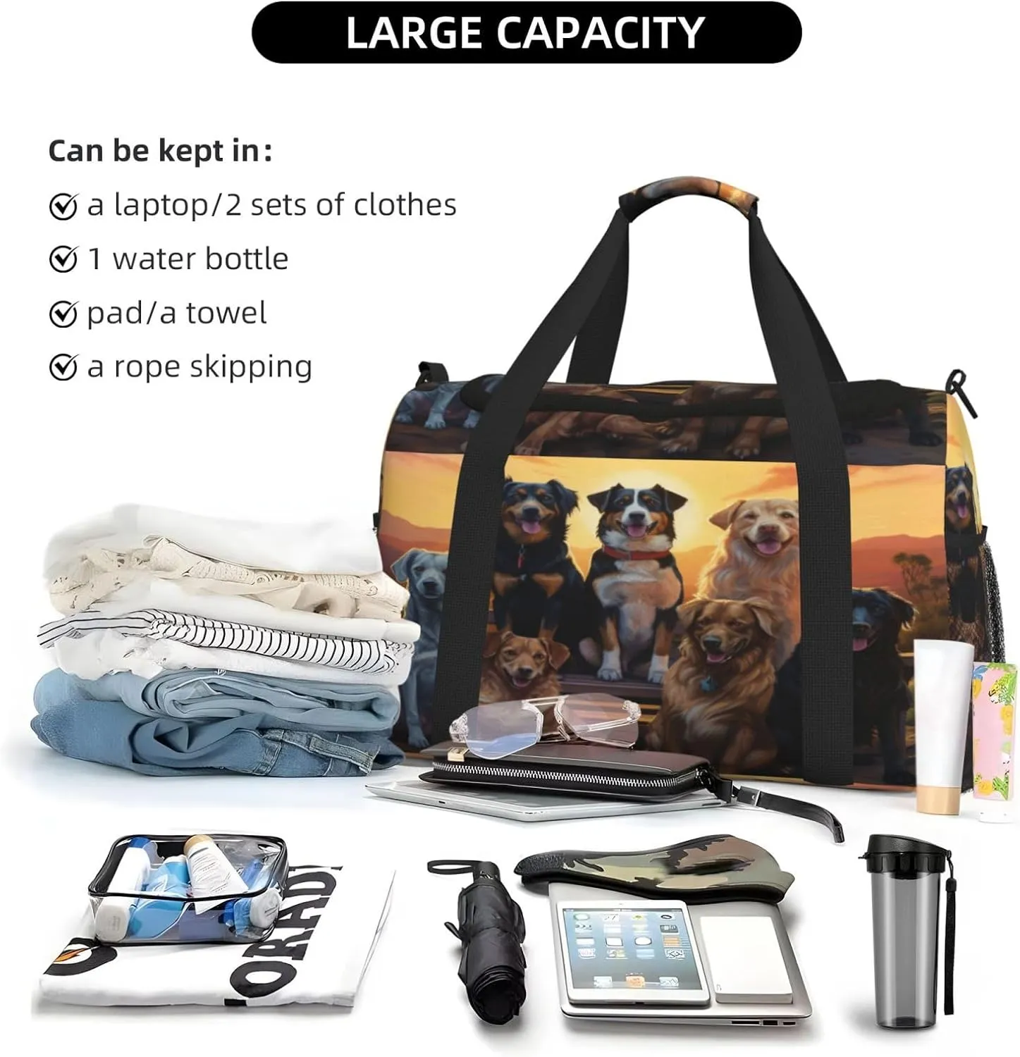 Travel Duffel Bag For Men Women, Cute Animal Dogs Sunset Carry On Sport Gym Bag With Shoulder Strap Lightweight Waterproof Weekender Bag Overnight Bag
