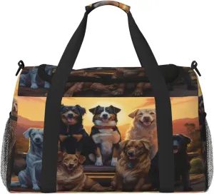 Travel Duffel Bag For Men Women, Cute Animal Dogs Sunset Carry On Sport Gym Bag With Shoulder Strap Lightweight Waterproof Weekender Bag Overnight Bag