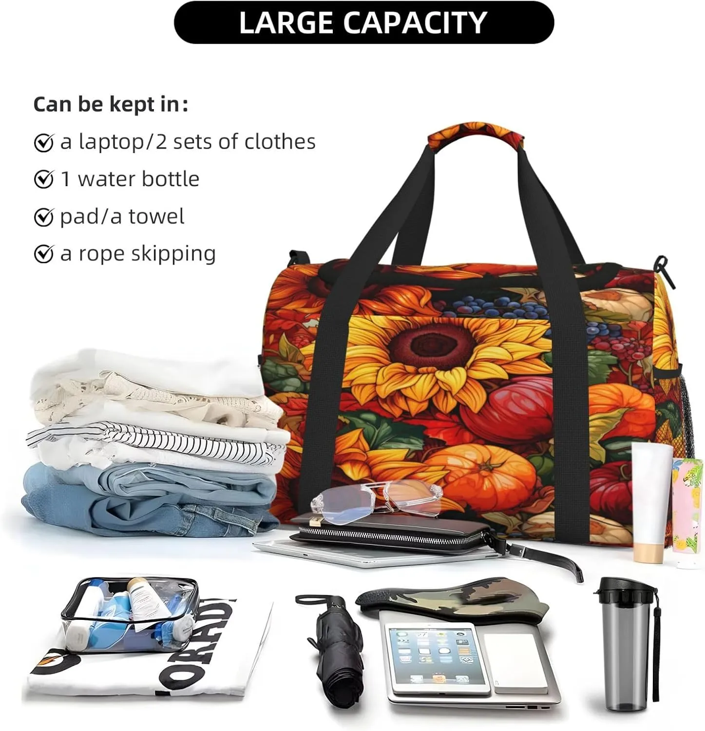 Travel Duffel Bag For Men Women, Harvest Sunflowers Autumn Carry On Sport Gym Bag With Shoulder Strap Lightweight Waterproof Weekender Bag Overnight Bag