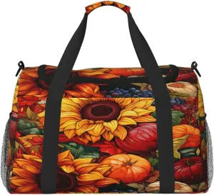 Travel Duffel Bag For Men Women, Harvest Sunflowers Autumn Carry On Sport Gym Bag With Shoulder Strap Lightweight Waterproof Weekender Bag Overnight Bag
