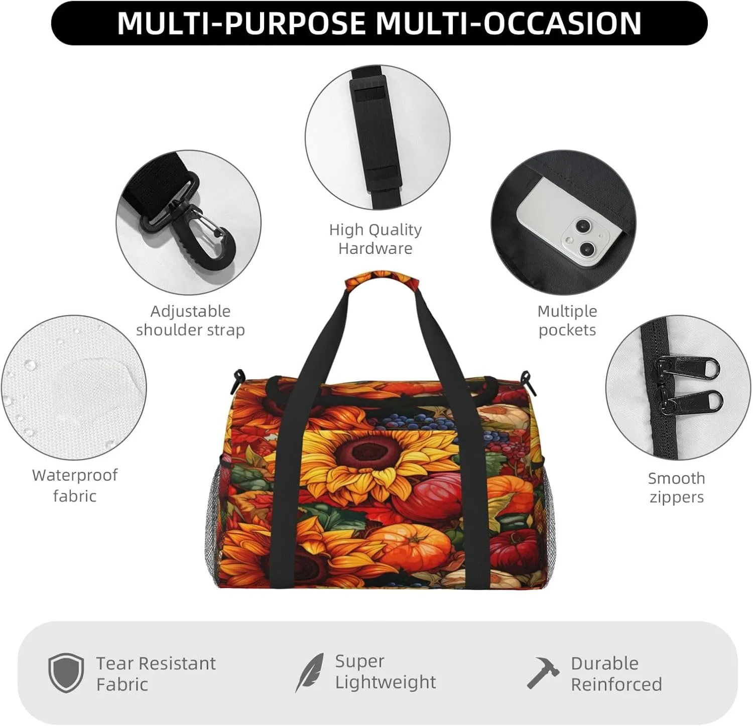 Travel Duffel Bag For Men Women, Harvest Sunflowers Autumn Carry On Sport Gym Bag With Shoulder Strap Lightweight Waterproof Weekender Bag Overnight Bag
