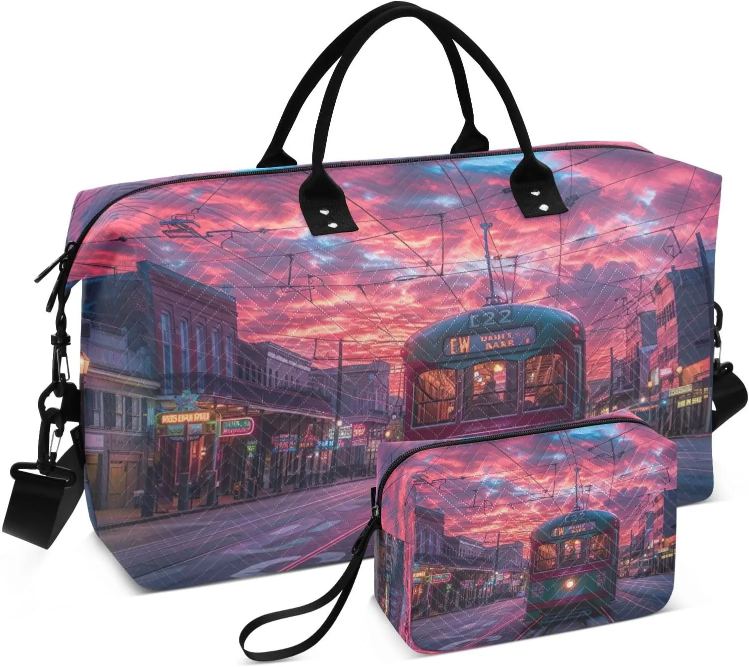 Travel Duffel Bag Large Weekender Overnight Bags for Women Men, Sunset Streetcar Pattern Gym Bag with Toiletry Bag