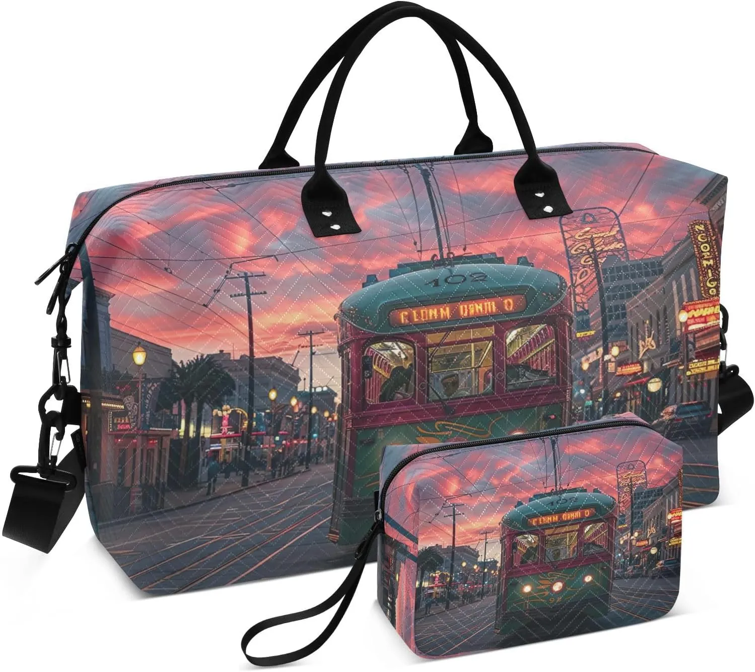 Travel Duffel Bag Large Weekender Overnight Bags for Women Men, Sunset Streetcar Pattern Gym Bag with Toiletry Bag