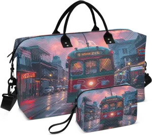 Travel Duffel Bag Large Weekender Overnight Bags for Women Men, Sunset Streetcar Pattern Gym Bag with Toiletry Bag