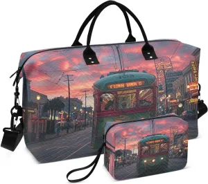 Travel Duffel Bag Large Weekender Overnight Bags for Women Men, Sunset Streetcar Pattern Gym Bag with Toiletry Bag