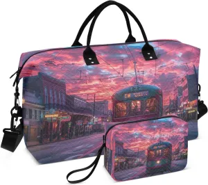Travel Duffel Bag Large Weekender Overnight Bags for Women Men, Sunset Streetcar Pattern Gym Bag with Toiletry Bag