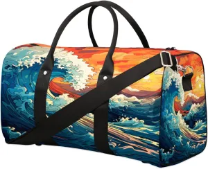 Travel Duffel Bag Water Wave Sunset Waterproof Sport Gym Bag Foldable Travel Bag Overnight Bag Weekender Bag Handbag Sports Duffle Bags for Women Men Boys Girls