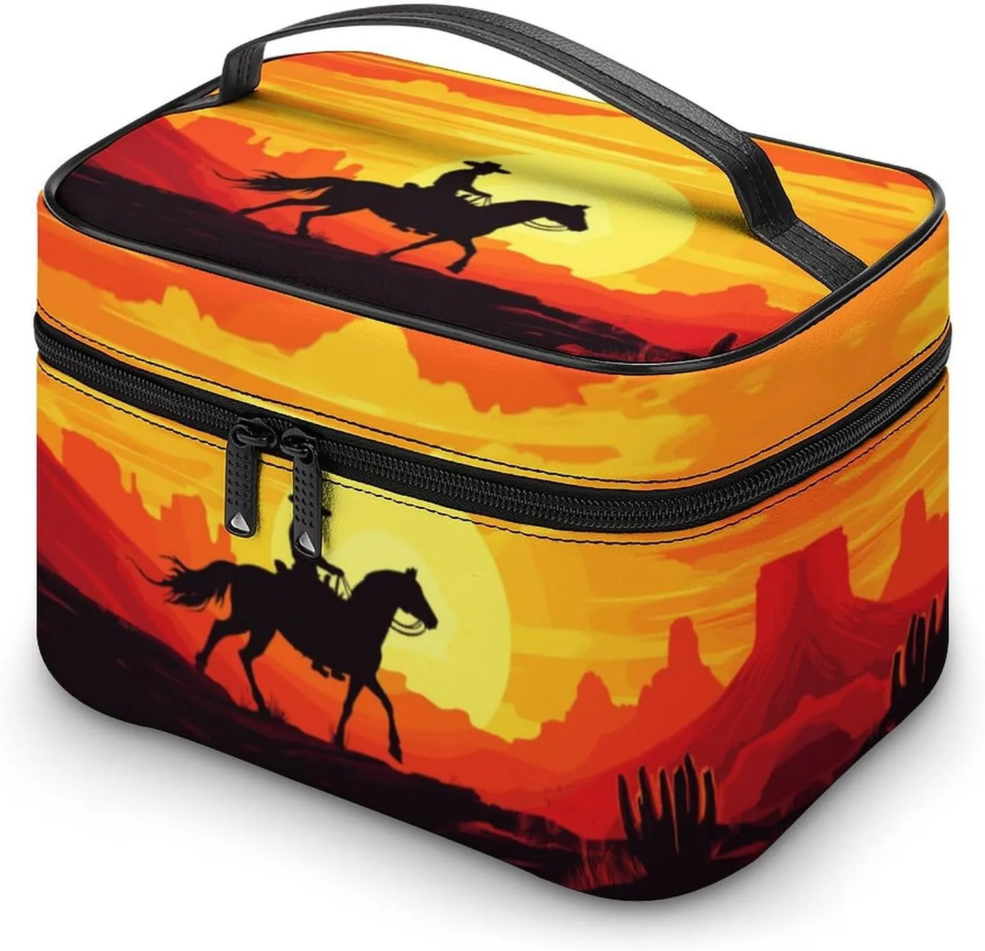 Travel Make Up Bag For Men Womens Cowboy Cartoon Sunset Cosmetic Bags With Compartments Handle Wedding Party Large Capacity Waterproof Skincare Toiletry Makeup Box Organizer
